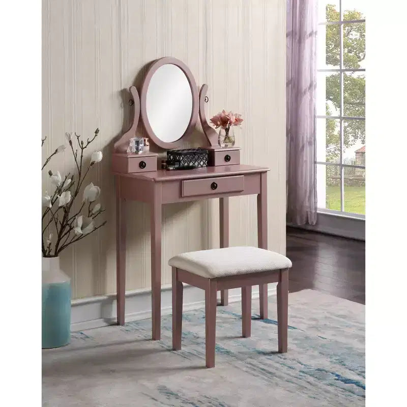 Vintage Vanity Desk with Oval Mirror, Compact Vanity with 3 Drawers and Cushioned Stool, Small Vanity Desk for Small Space