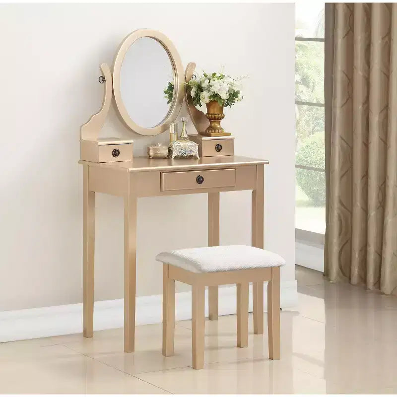 Vintage Vanity Desk with Oval Mirror, Compact Vanity with 3 Drawers and Cushioned Stool, Small Vanity Desk for Small Space