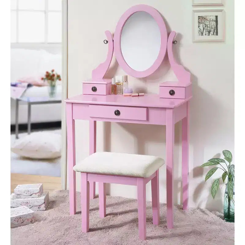 Vintage Vanity Desk with Oval Mirror, Compact Vanity with 3 Drawers and Cushioned Stool, Small Vanity Desk for Small Space