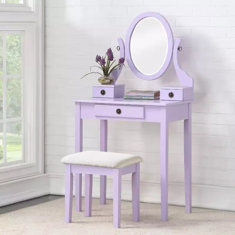 Vintage Vanity Desk with Oval Mirror, Compact Vanity with 3 Drawers and Cushioned Stool, Small Vanity Desk for Small Space