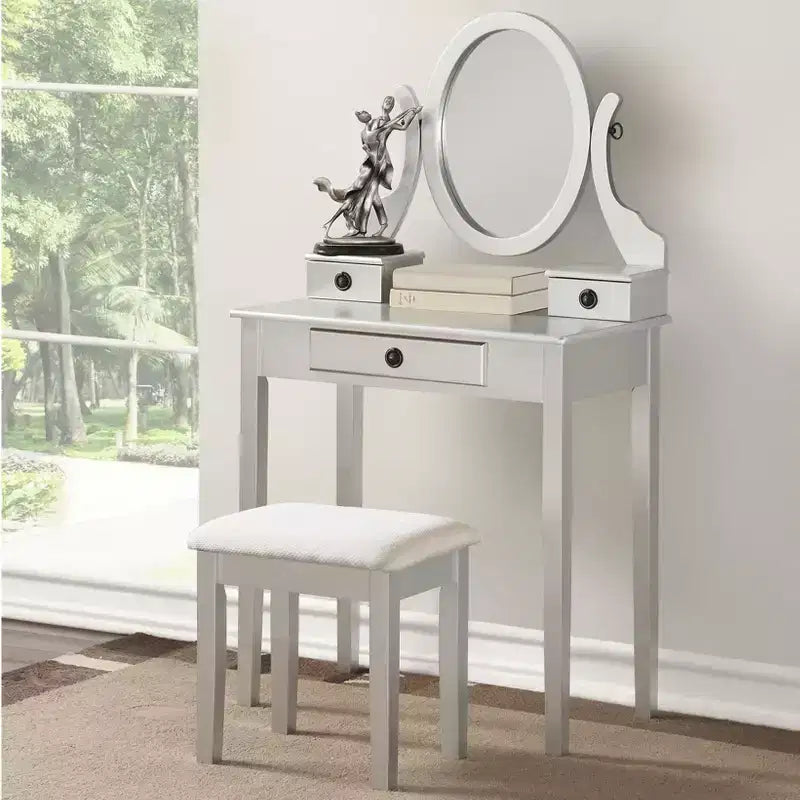 Vintage Vanity Desk with Oval Mirror, Compact Vanity with 3 Drawers and Cushioned Stool, Small Vanity Desk for Small Space