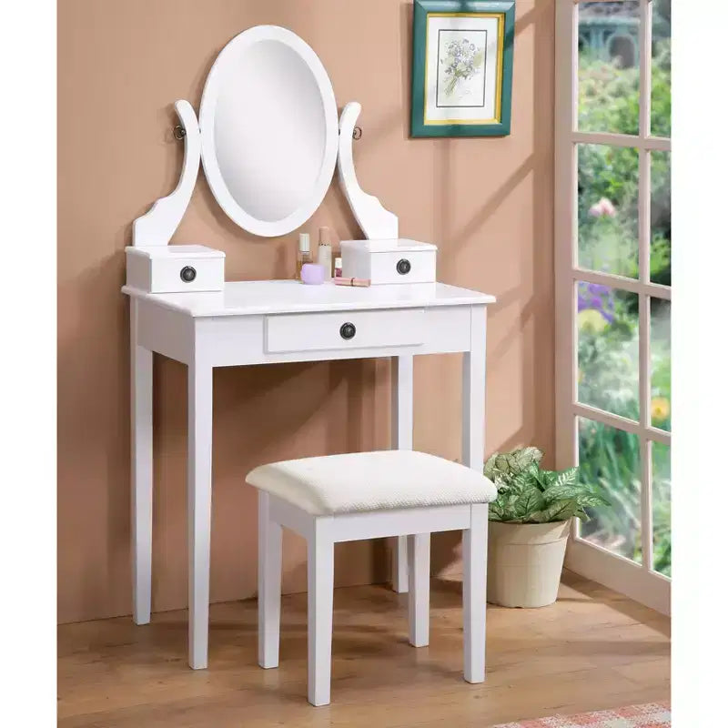 Vintage Vanity Desk with Oval Mirror, Compact Vanity with 3 Drawers and Cushioned Stool, Small Vanity Desk for Small Space