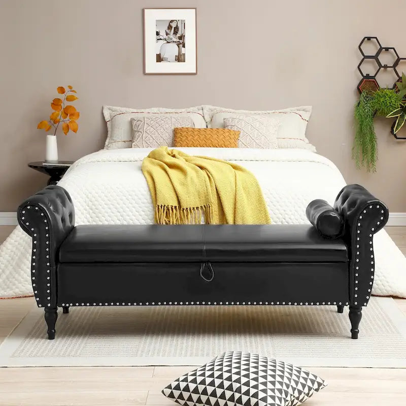 Banc de bout de lit de 160 cm en similicuir avec rangement à couvercle relevable et garniture à tête de clou