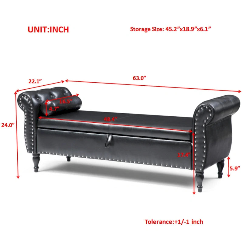 Banc de bout de lit de 160 cm en similicuir avec rangement à couvercle relevable et garniture à tête de clou