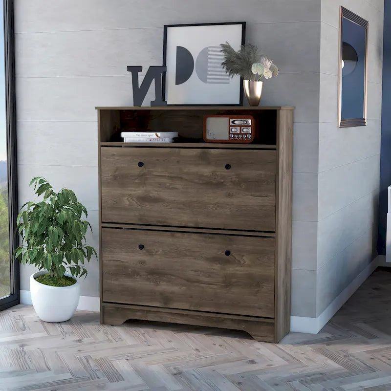 Meuble à chaussures, une étagère ouverte, deux caissons extensibles