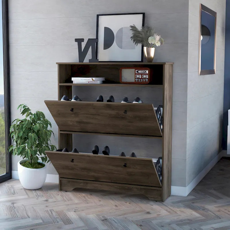 Meuble à chaussures, une étagère ouverte, deux caissons extensibles