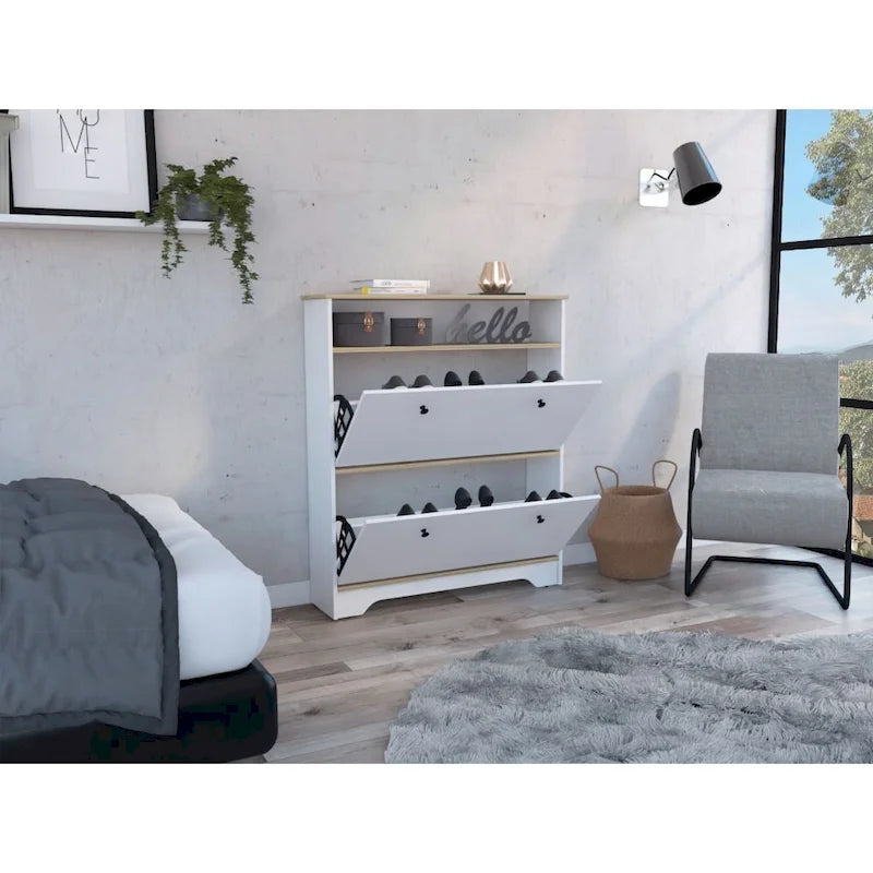 Meuble à chaussures, une étagère ouverte, deux caissons extensibles