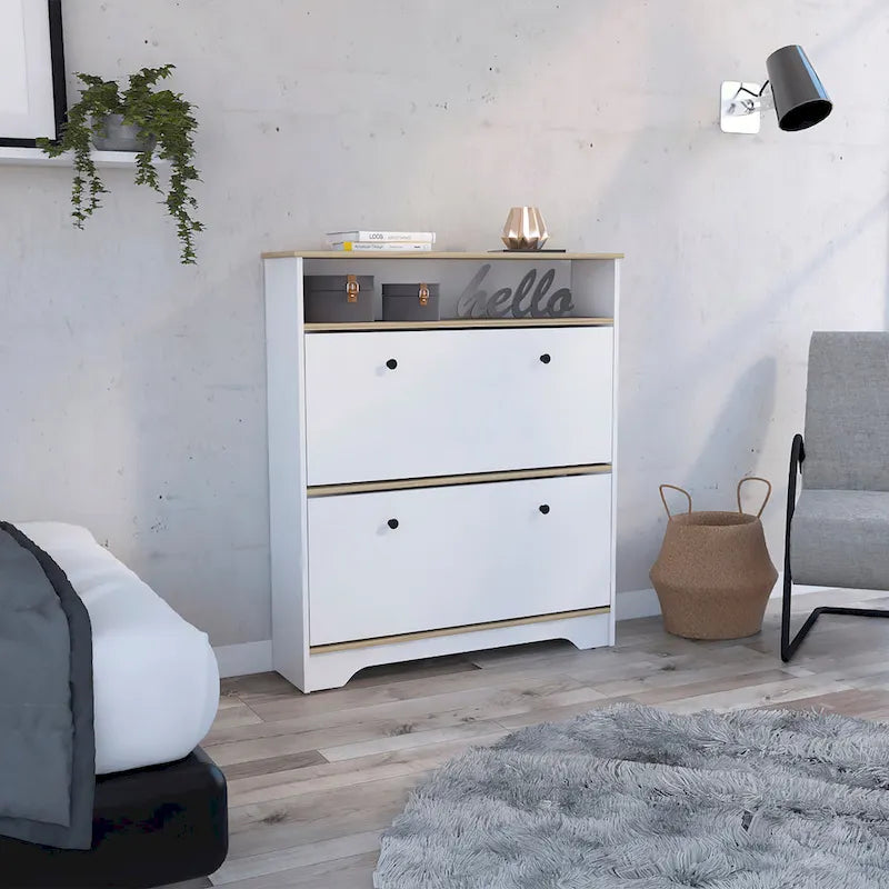 Meuble à chaussures, une étagère ouverte, deux caissons extensibles