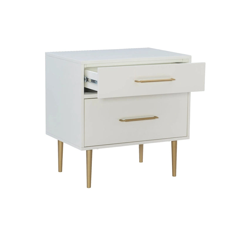 Table de chevet blanche à deux tiroirs avec poignées dorées, 25,75 pouces