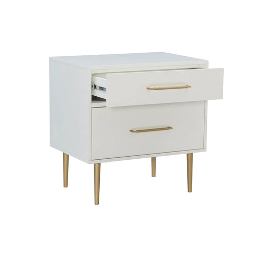 Table de chevet blanche à deux tiroirs avec poignées dorées, 25,75 pouces