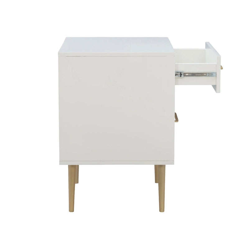 Table de chevet blanche à deux tiroirs avec poignées dorées, 25,75 pouces