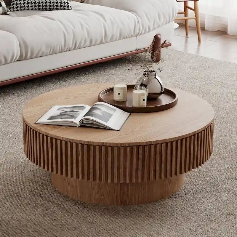 Table basse/de salon ronde moderne plaquée en bois massif avec rangement