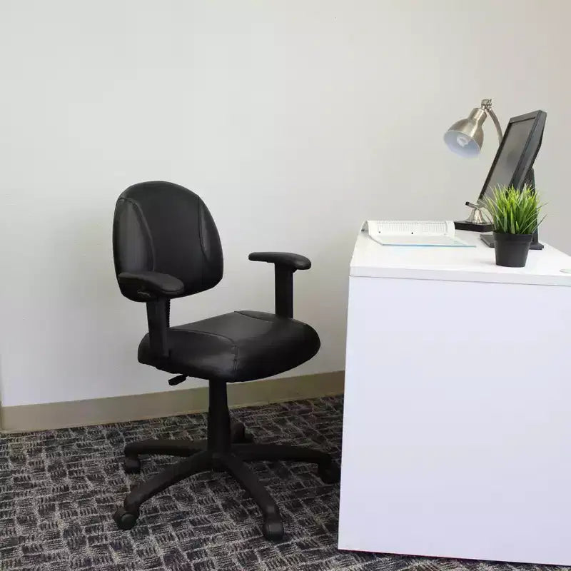 Posture Chair with Adjustable Arms Black - Boss Office Products: LeatherPlus, Lumbar Support, Swivel Base