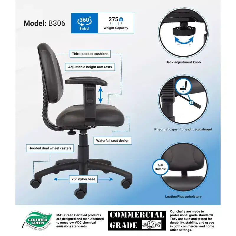 Posture Chair with Adjustable Arms Black - Boss Office Products: LeatherPlus, Lumbar Support, Swivel Base