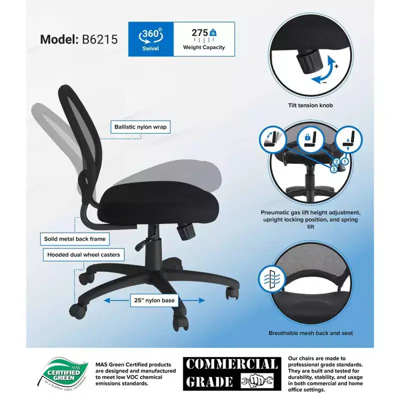 Mesh Chair Black - Boss Office Products: Ergonomic Design, Pneumatic Height Adjustment, Nylon Base