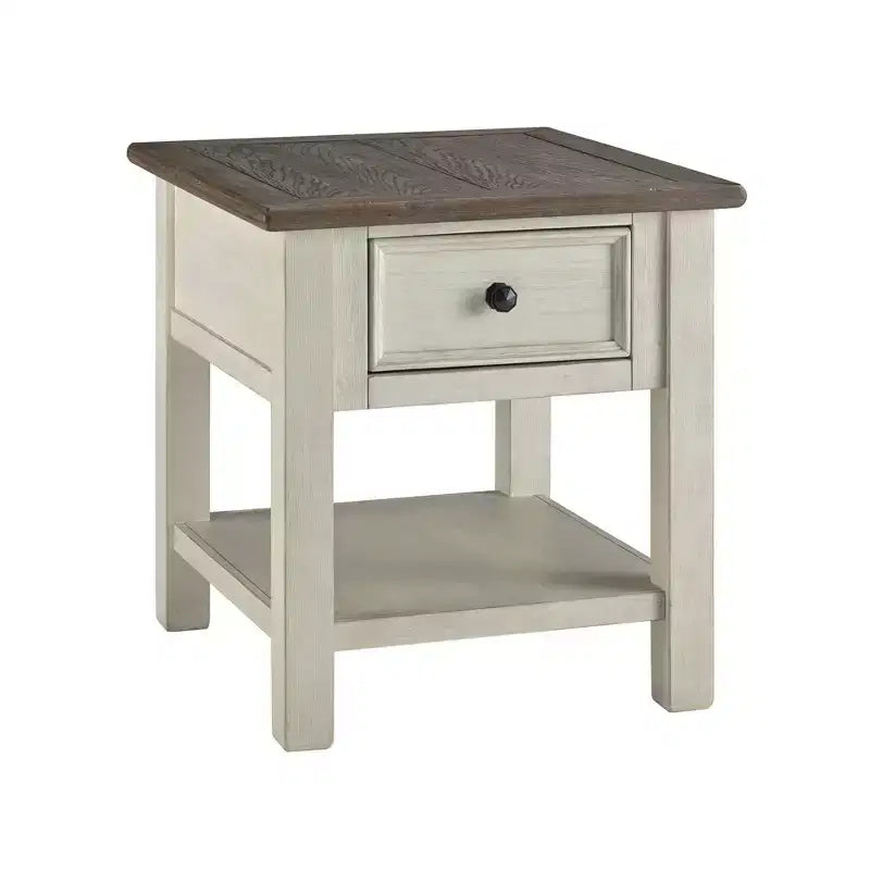 Signature Design by Ashley Bolanburg Rectangular End Table Brown/White: Fixed Shelf, Wood Legs, Storage Drawer