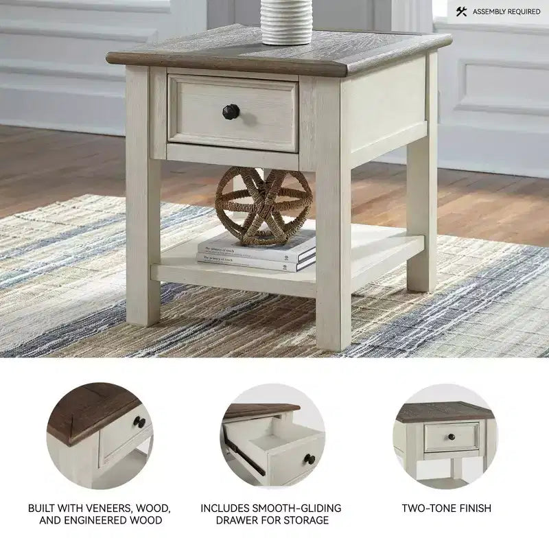 Bolanburg Rectangular End Table Brown/White: Fixed Shelf, Wood Legs, Storage Drawer