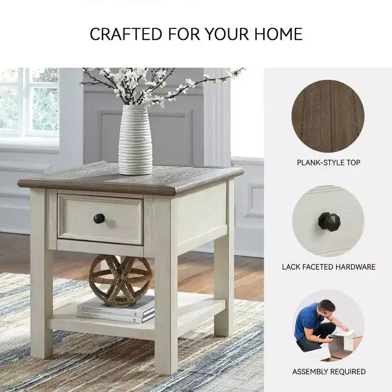 Bolanburg Rectangular End Table Brown/White: Fixed Shelf, Wood Legs, Storage Drawer
