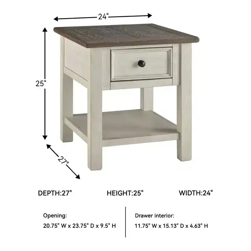 Bolanburg Rectangular End Table Brown/White: Fixed Shelf, Wood Legs, Storage Drawer
