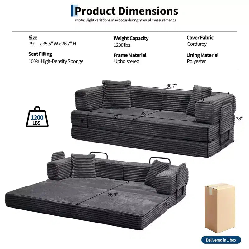 Canapé-lit convertible 5-en-1 de 80,7 po – Velours côtelé, 1 200 lb, aucun assemblage requis