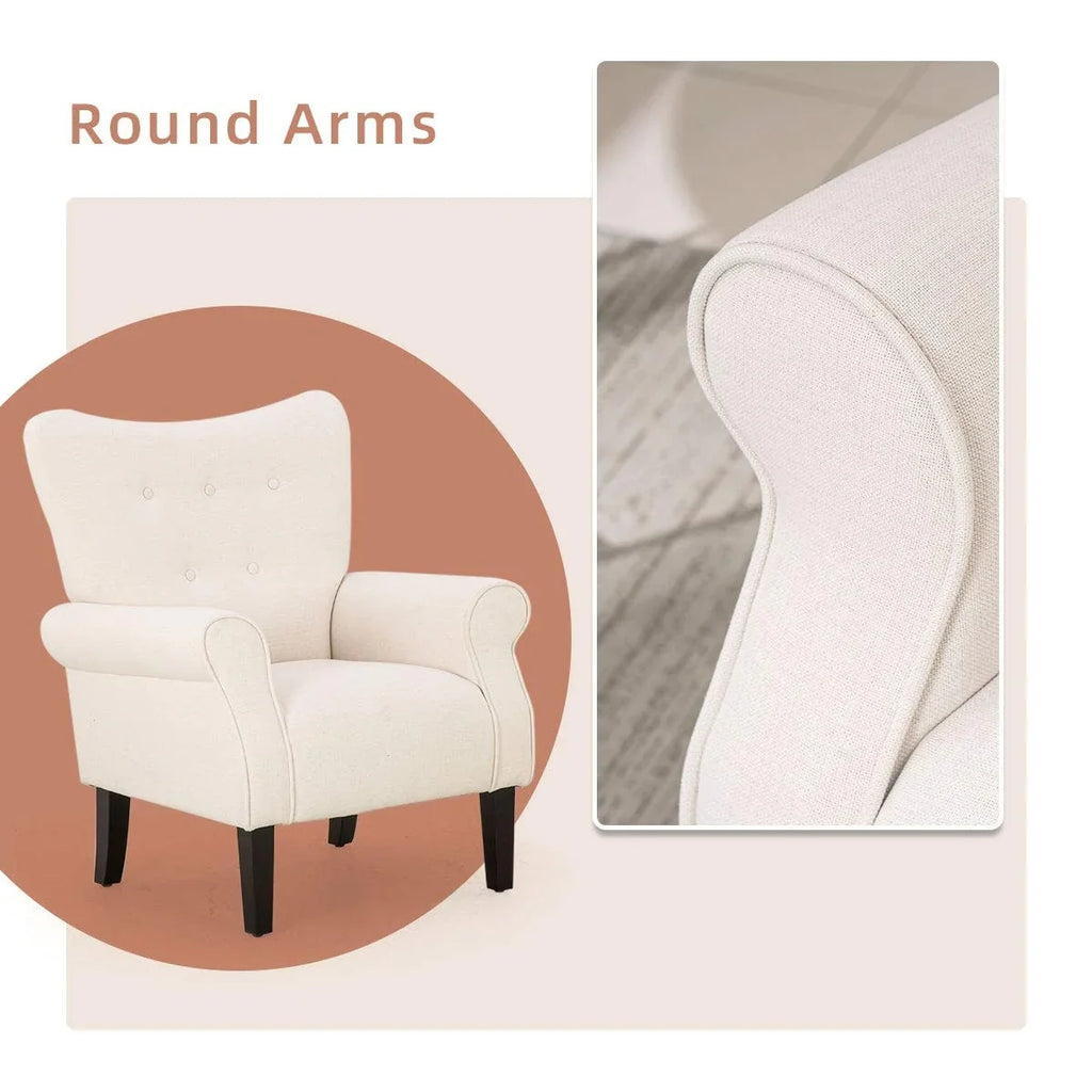 Fauteuil d'appoint moderne Erommy, fauteuil à dossier haut, canapé simple en tissu rembourré avec boutons et pieds en bois pour salon