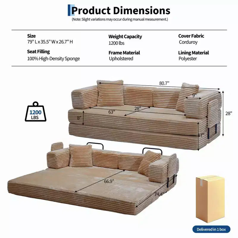 Canapé-lit convertible 5-en-1 de 80,7 po – Velours côtelé, 1 200 lb, aucun assemblage requis