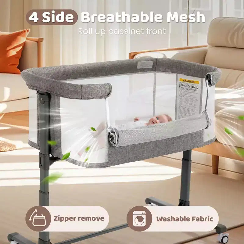 Berceau bébé avec roues – Beige / Gris / Rose, cododo, pour 1 bébé