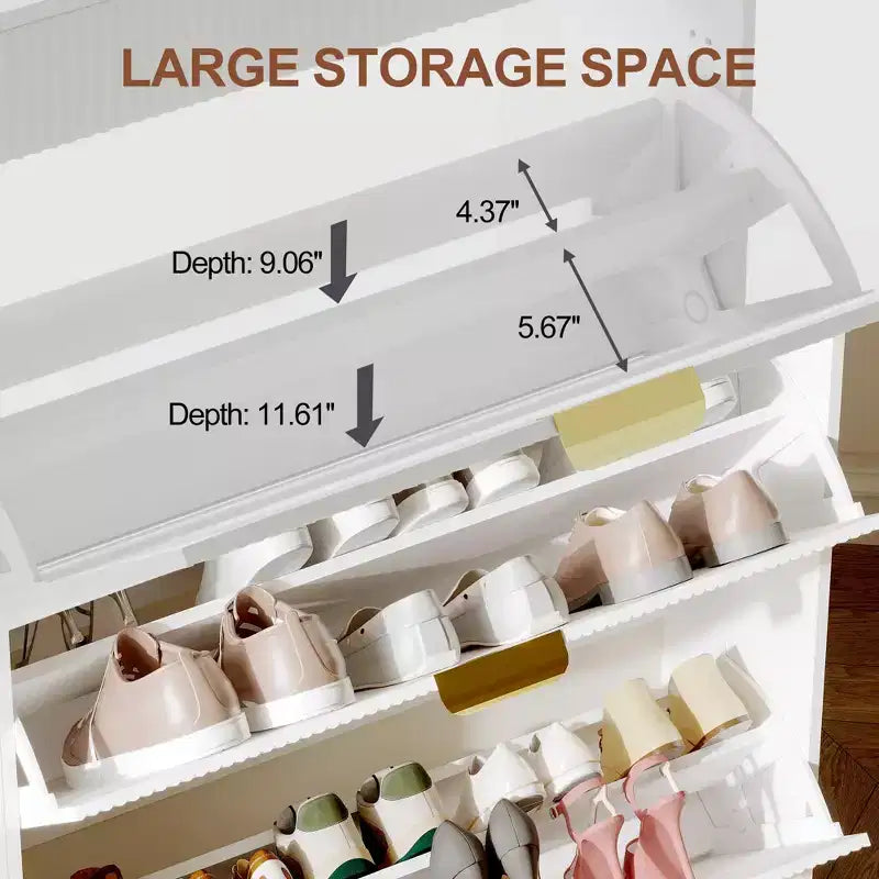 Meuble à chaussures moderne blanc avec 3 tiroirs basculants et 2 petits tiroirs et crochet, organiseur de rangement à chaussures fin cannelé, meuble d'entrée étroit