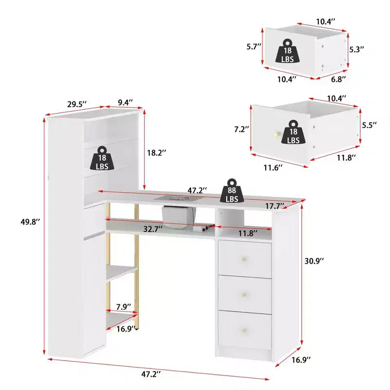 Table à ongles blanche avec extracteur de poussière intégré, écran en verre trempé, poignées dorées, poste de travail de salon de manucure, table de maquillage