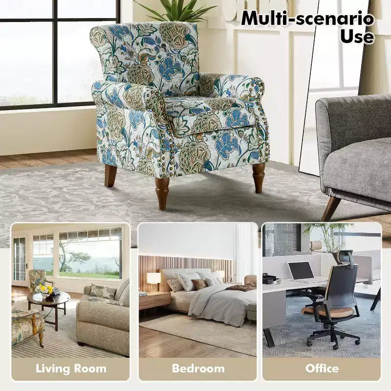 Fauteuil en bois traditionnel Araceli, rembourré à motifs floraux, avec dossier à oreilles et garniture cloutée | ART OF LIVING DESIGNS