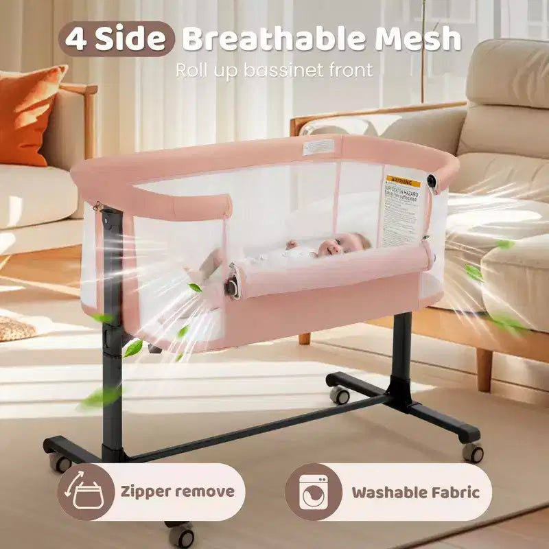 Berceau bébé avec roues – Beige / Gris / Rose, cododo, pour 1 bébé