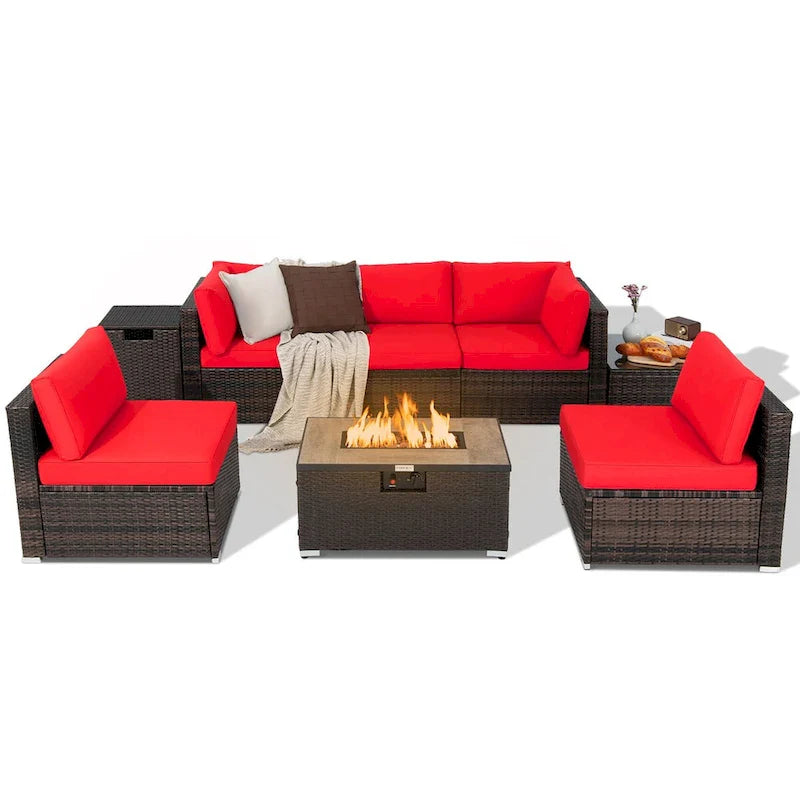 Ensemble de meubles de patio en rotin 8 pièces, table de foyer, support de bouteille de gaz, housse de terrasse