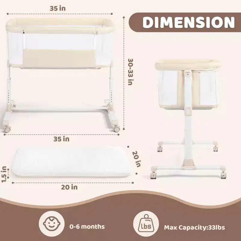 Berceau bébé avec roues – Beige / Gris / Rose, cododo, pour 1 bébé