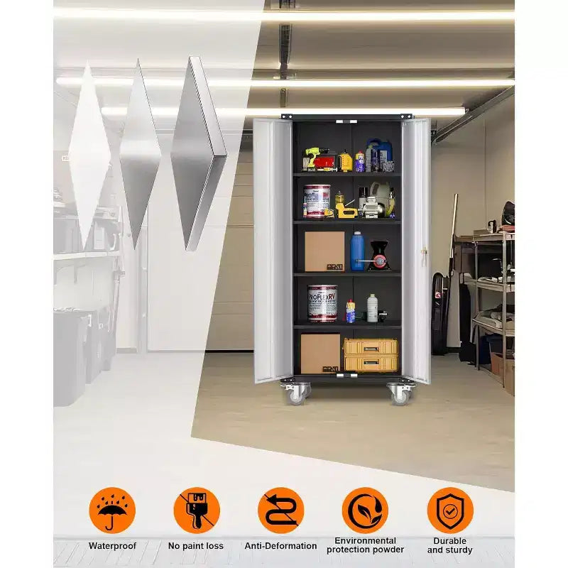 Armoire de rangement de garage avec roues et panneau perforé, armoire de rangement métallique verrouillable de 72 po de hauteur avec 2 portes et 4 étagères réglables pour atelier de garage