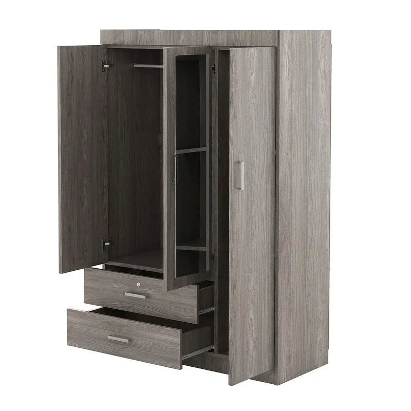 Armoire penderie 3 portes avec miroirs, étagères et 2 tiroirs