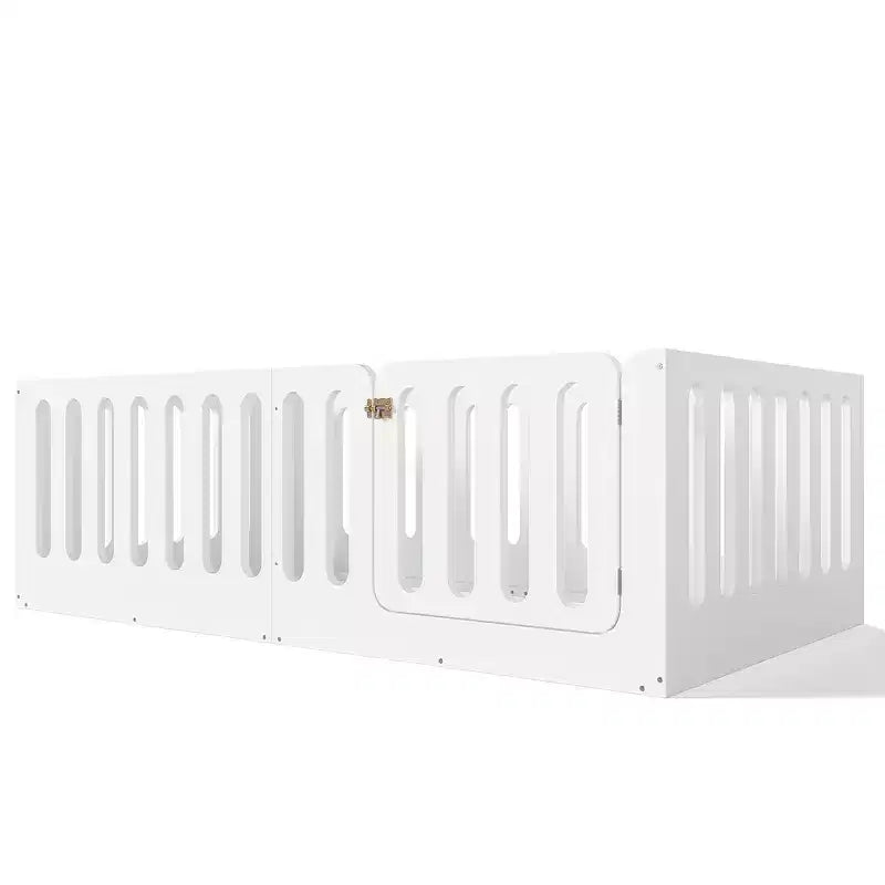 Lit Montessori au sol pour enfant, taille une place, blanc, avec barrières et porte – bois massif