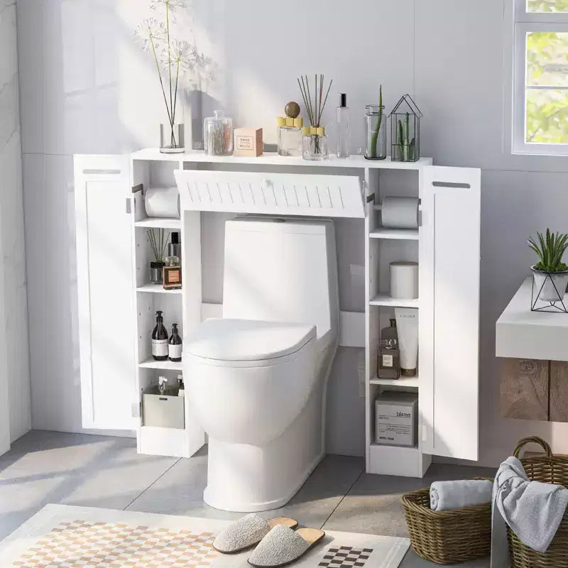 Meuble de rangement WC en bois, avec porte basculante, gain de place, couleur blanc