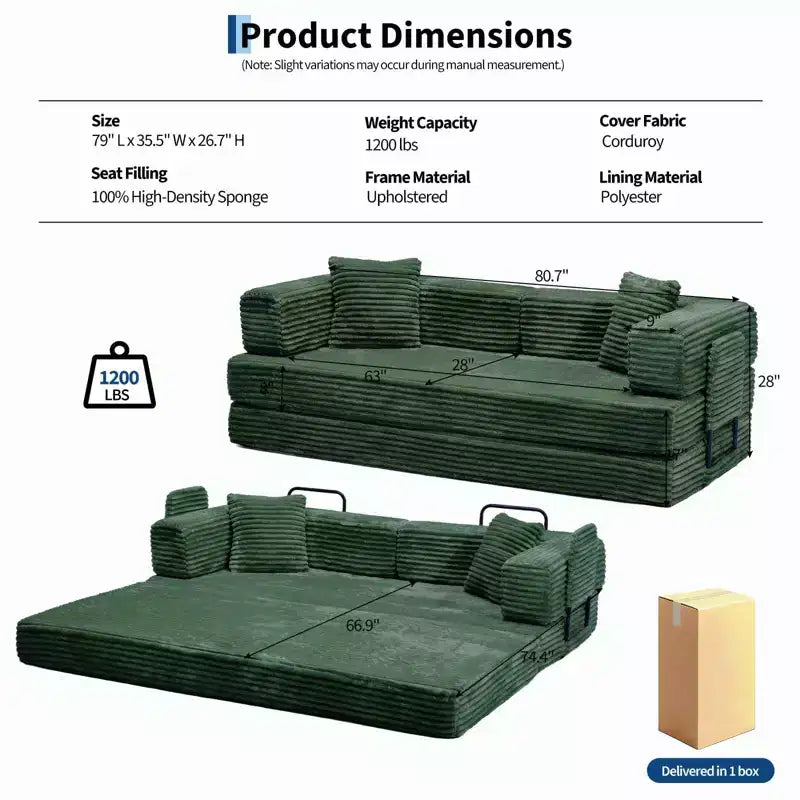 Canapé-lit convertible 5-en-1 de 80,7 po – Velours côtelé, 1 200 lb, aucun assemblage requis