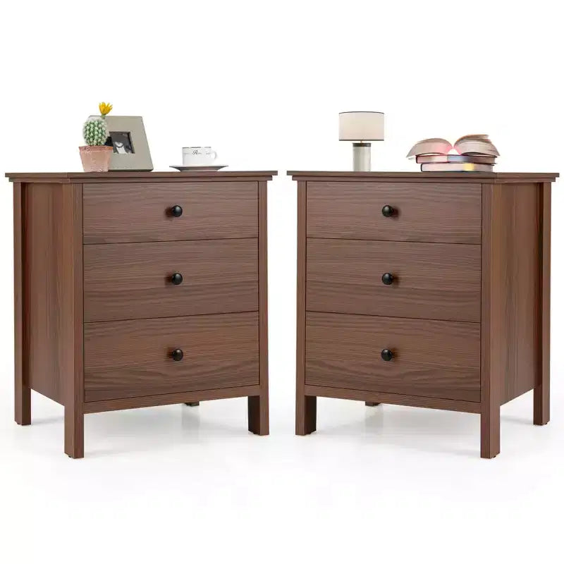 Costway 2PCS Nightstand with 3 Drawer for Bedroom Compact Storage Chest Modern Sofa Side
