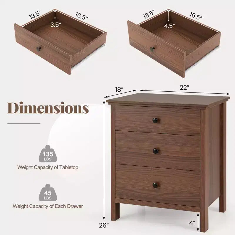 2PCS Nightstand with 3 Drawer for Bedroom Compact Storage Chest Modern Sofa Side