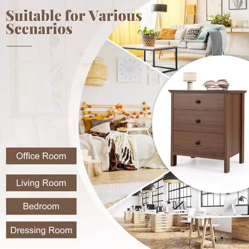 2PCS Nightstand with 3 Drawer for Bedroom Compact Storage Chest Modern Sofa Side