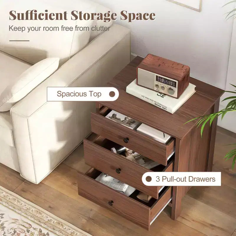 2PCS Nightstand with 3 Drawer for Bedroom Compact Storage Chest Modern Sofa Side