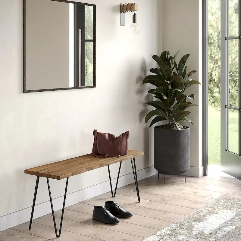 Banc contemporain industriel de 42 pouces de largeur en bois de manguier massif, naturel, 12,8 po P x 42,3 po L x 16,7 po H