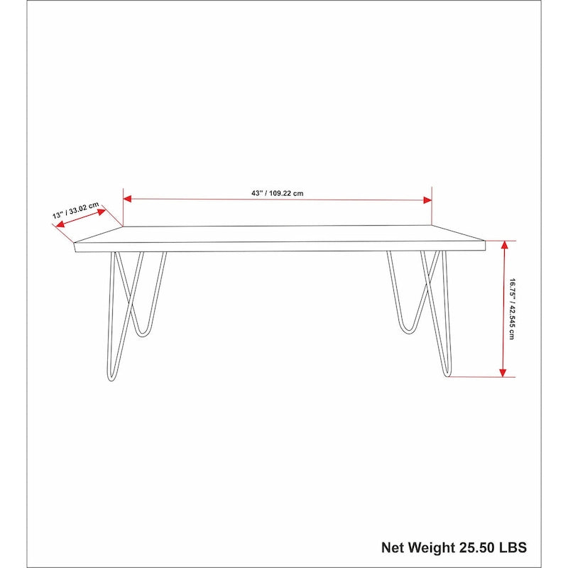 Banc contemporain industriel de 42 pouces de largeur en bois de manguier massif, naturel, 12,8 po P x 42,3 po L x 16,7 po H