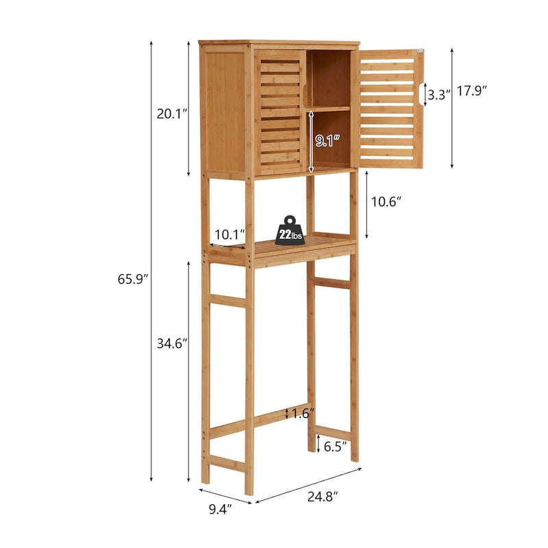 Meuble de rangement en bambou pour WC, étagère de salle de bain sur pied avec portes et tablettes, gain de place