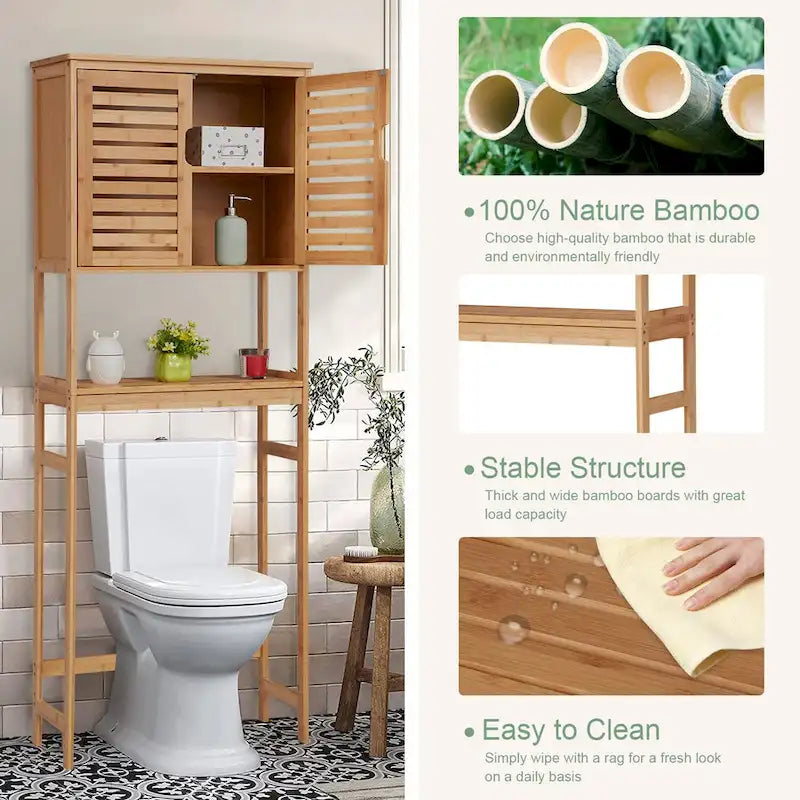 Meuble de rangement en bambou pour WC, étagère de salle de bain sur pied avec portes et tablettes, gain de place