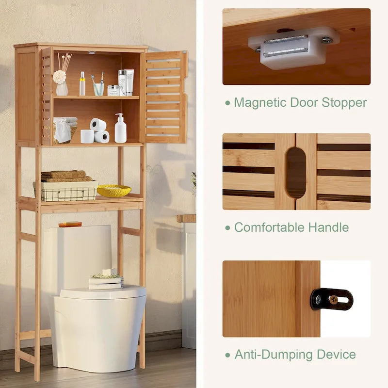 Meuble de rangement en bambou pour WC, étagère de salle de bain sur pied avec portes et tablettes, gain de place