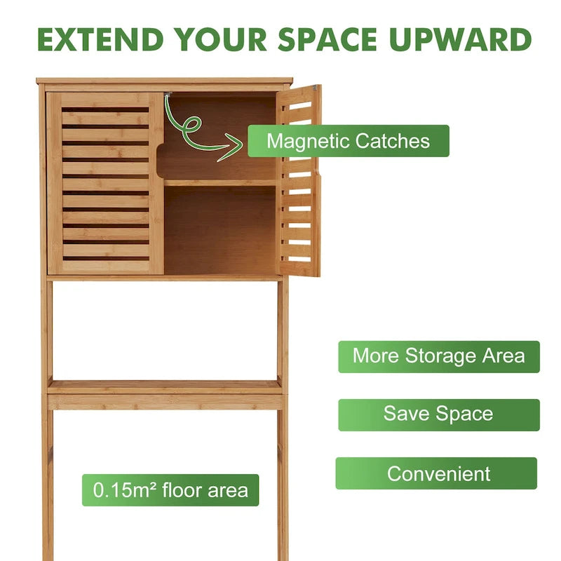 Meuble de rangement en bambou pour WC, étagère de salle de bain sur pied avec portes et tablettes, gain de place