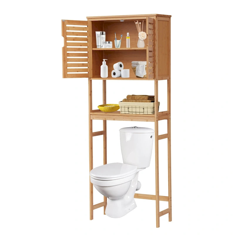 Meuble de rangement en bambou pour WC, étagère de salle de bain sur pied avec portes et tablettes, gain de place