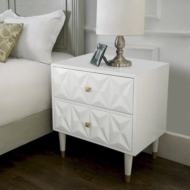 Table de nuit à deux tiroirs à motif géométrique blanc de 27 pouces